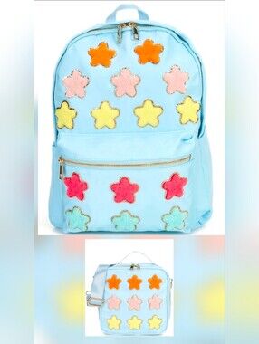 Pastel Star Patch Backpack & Matching Lunch Box Set – Cute Girls School Bag Blue
